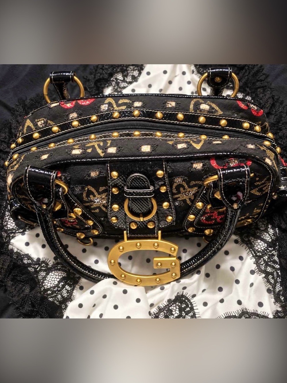 Vintage Y2K Guess Black Studded Satchel Handbag with Gold Hardware 🖤